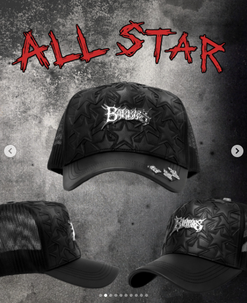 Black trucker cap with tonal embossed stars and a metallic silver All Star logo on the front panel.