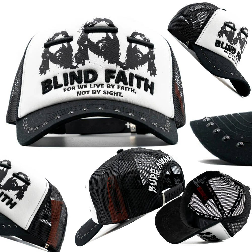 White and black trucker cap with a Blind Faith graphic reading For we live by faith, not by sight.