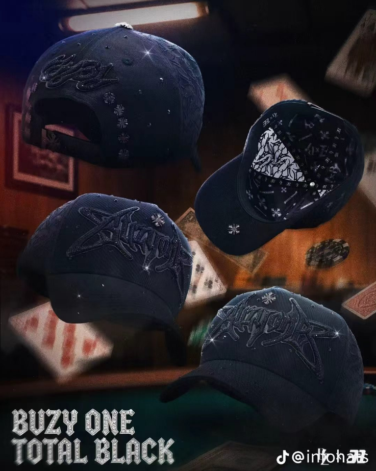 All-black cap with a rhinestone crystal gothic star logo, shown from four angles.