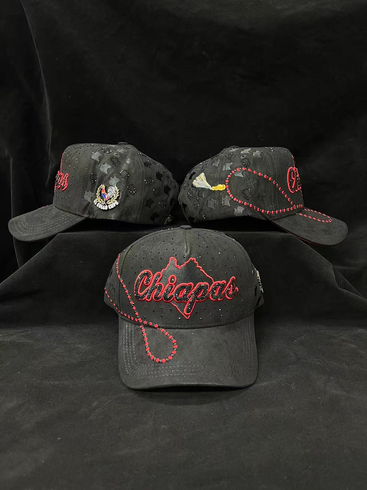 Black cap with a red rhinestone Chiapas outline, red bead trim and a Mexico flag patch on the side.