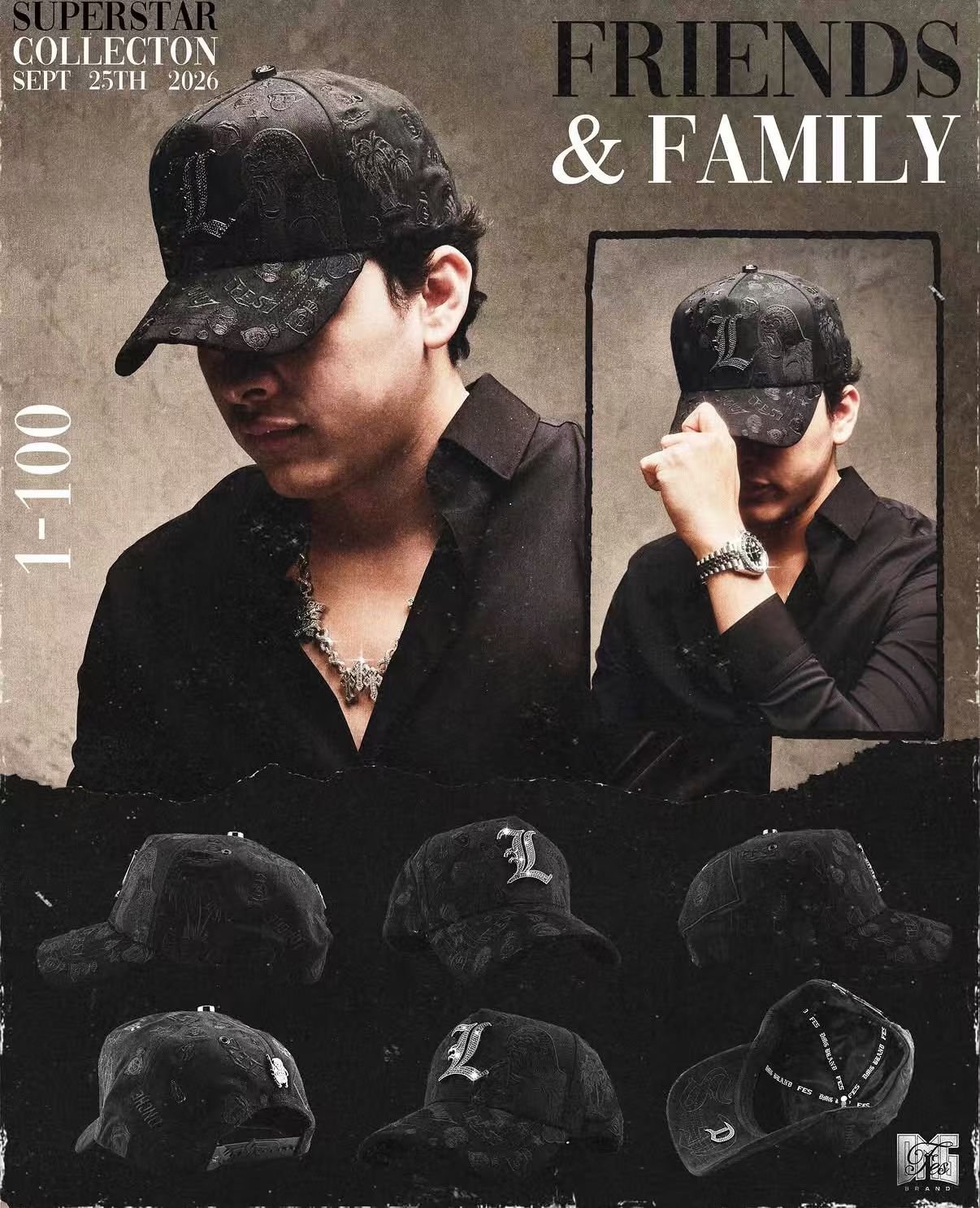 Promotional poster for the Superstar Collection Friends and Family drop, showing a model wearing a black cap.