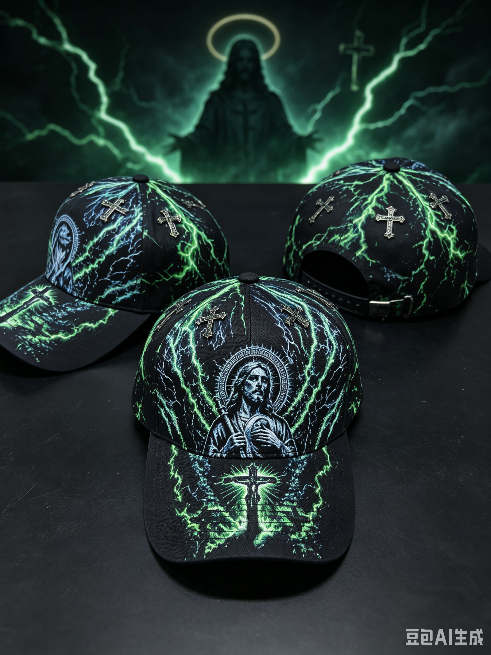 Black cap with a green lightning bolt print, a sacred heart graphic and silver cross pins.