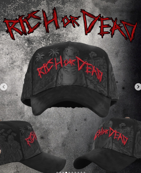 Black cap with a red Rich or Dead gothic embroidered logo and tonal palm tree artwork.