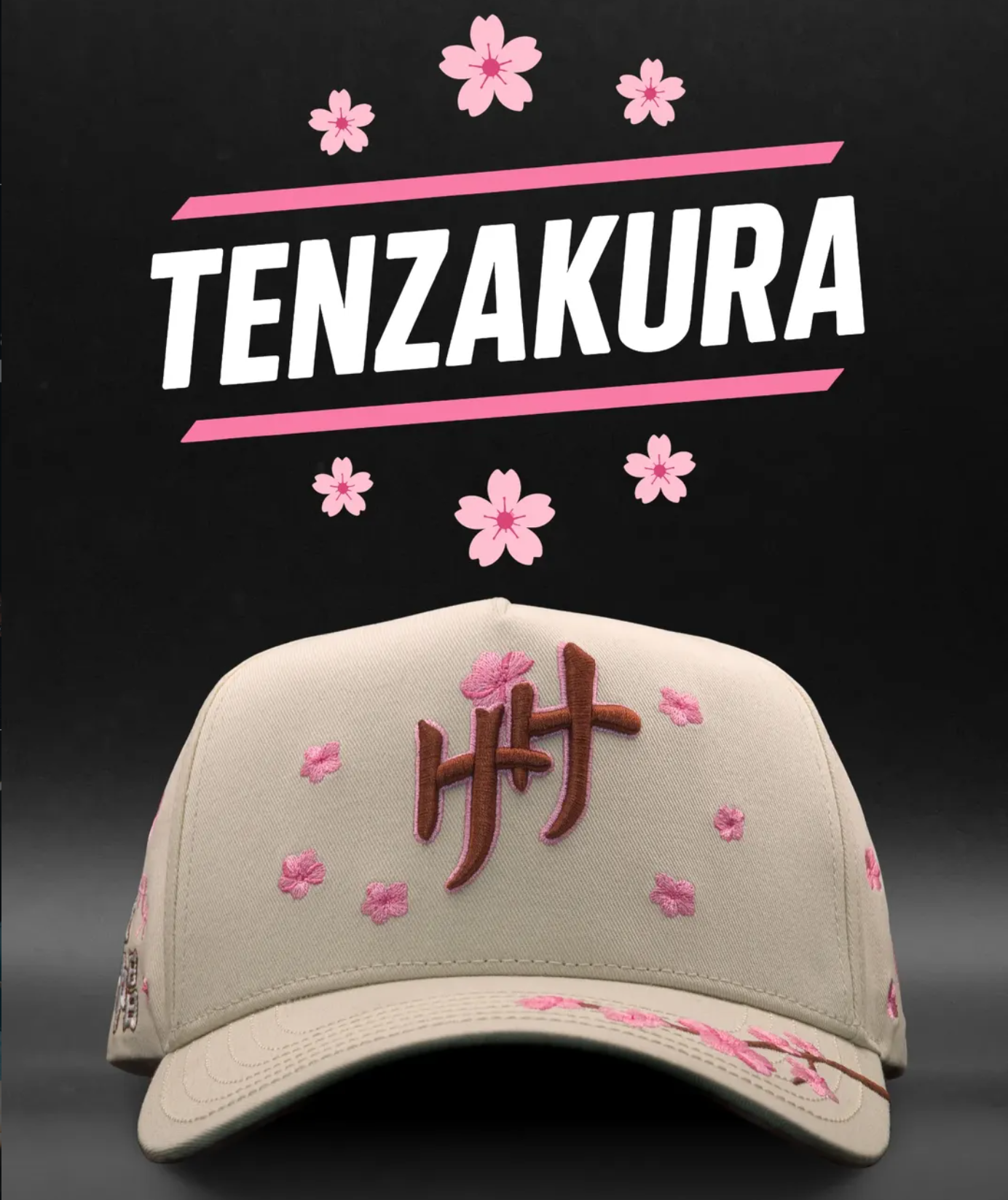 Beige cap with pink embroidered cherry blossoms and a brown Tenzakura logo.