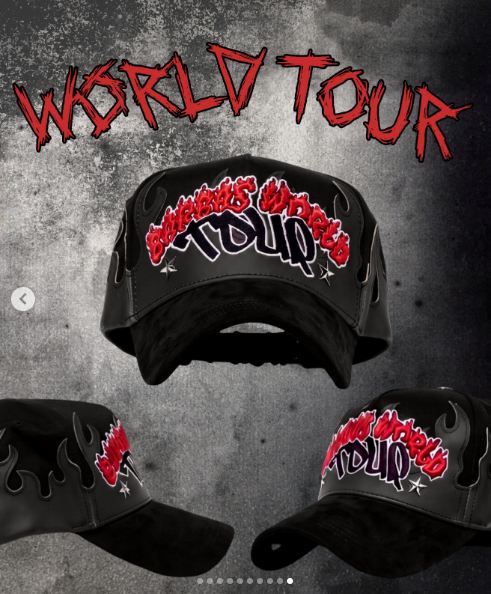 Black cap with red flame embroidery and a World Tour logo across the front panel.